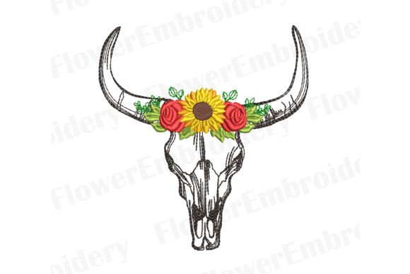 Cow Skull in Flowers Embroidery Design